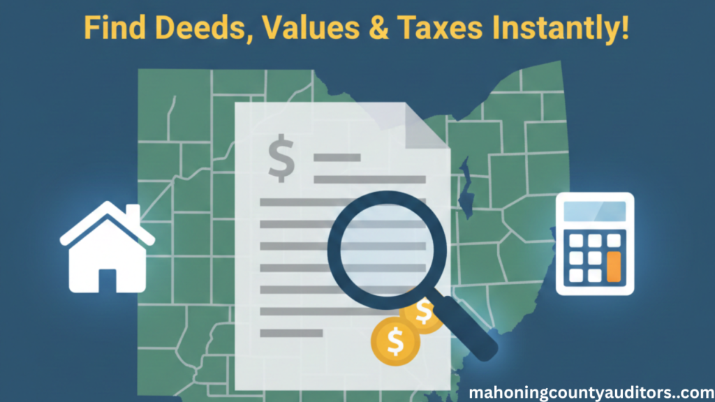 Mahoning County property search by name tool on Mahoning County auditor website showing parcel and tax records