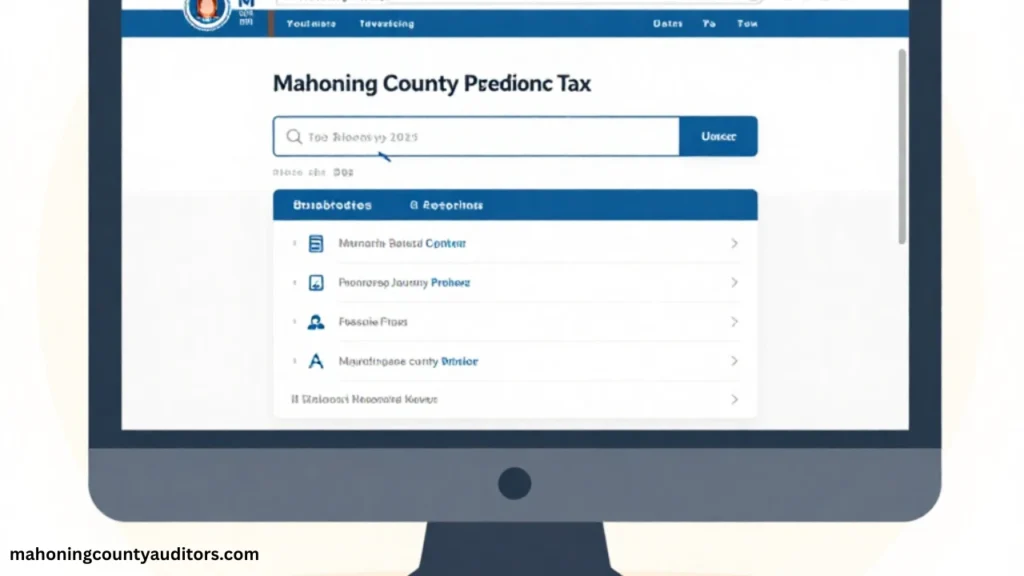 Step-by-step guide showing Mahoning County property tax lookup process on the official auditor website with parcel and tax details